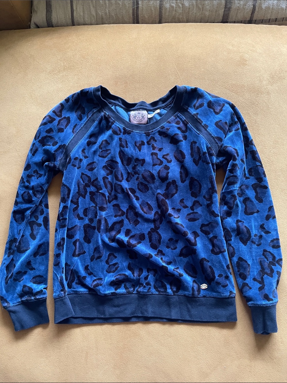 Juicy Couture Blue Leopard Print Pullover Velour Sweatshirt